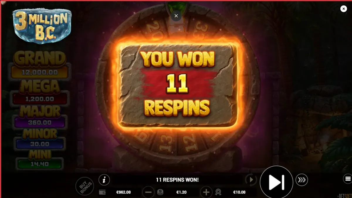 Tampilan visual slot 3 Million B.C dengan tema prasejarah dan roda jackpot